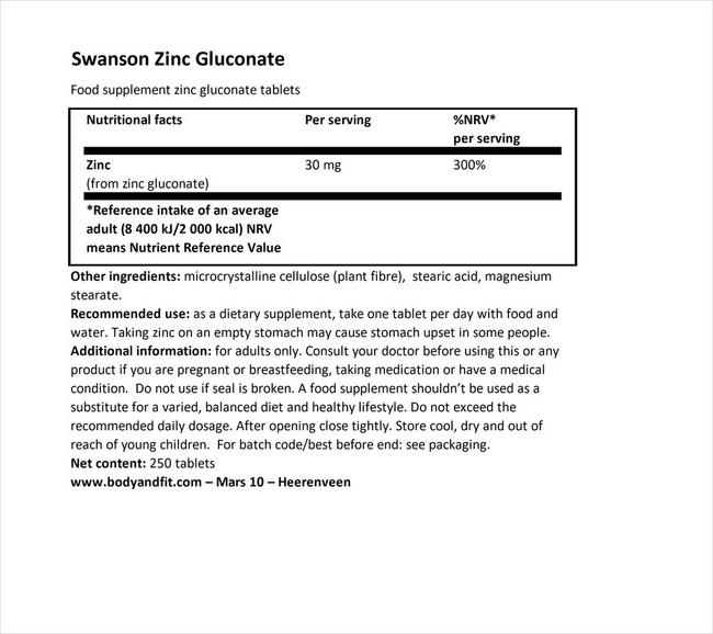 スワンソン ジンク（グルコネイト）30mg - 250粒 Nutritional Information 1