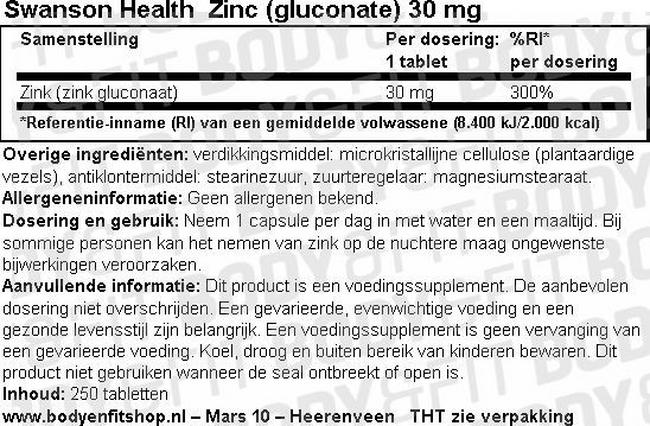 Swanson Zinc (Gluconate) 30mg - 250 tabs Nutritional Information 1