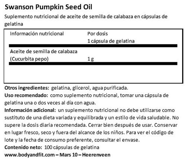 Pumpkin Seed Oil 1000 mg Nutritional Information 1
