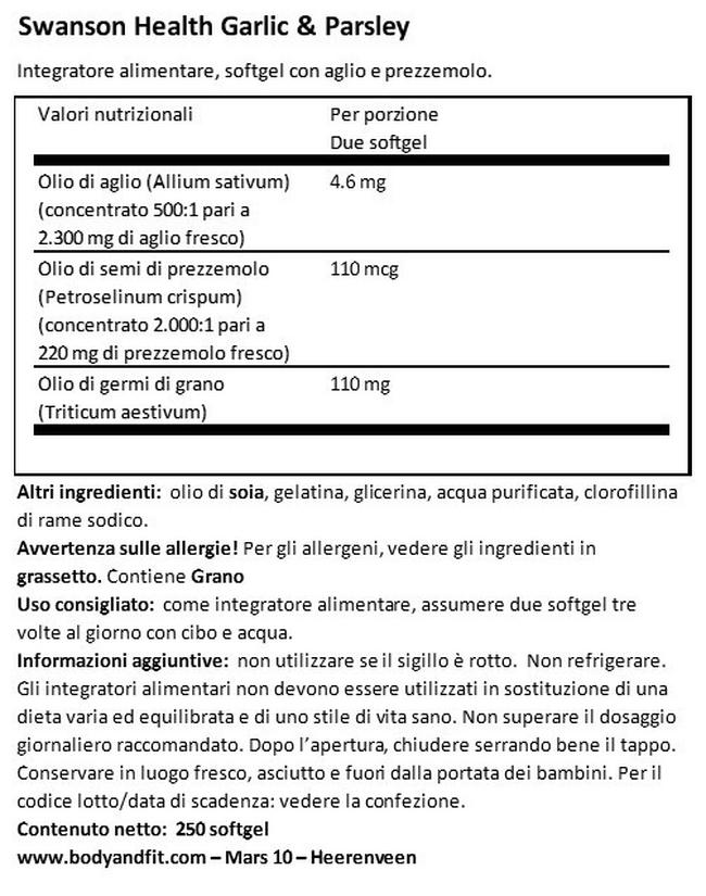 Aglio e Prezzemolo Nutritional Information 1