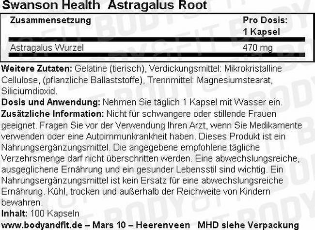 Astragalus Root 470 mg Nutritional Information 1