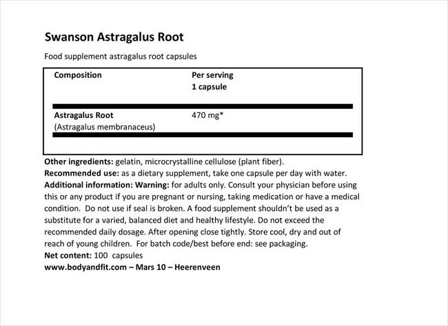 Astragalus Root 470mg Nutritional Information 1