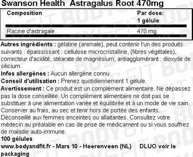 Racine d'Astragalus 470mg Nutritional Information 1