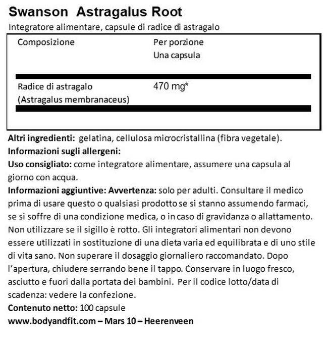 Radice di Astragalo 470 mg Nutritional Information 1