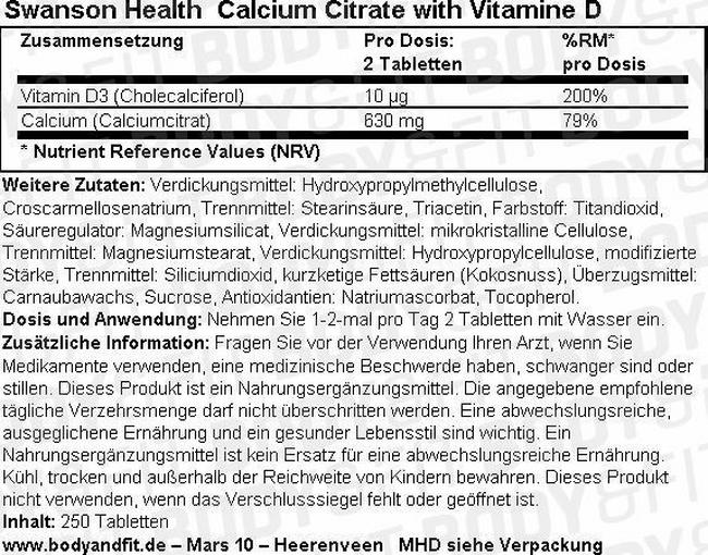 Calcium Citrate with Vitamine D Nutritional Information 1