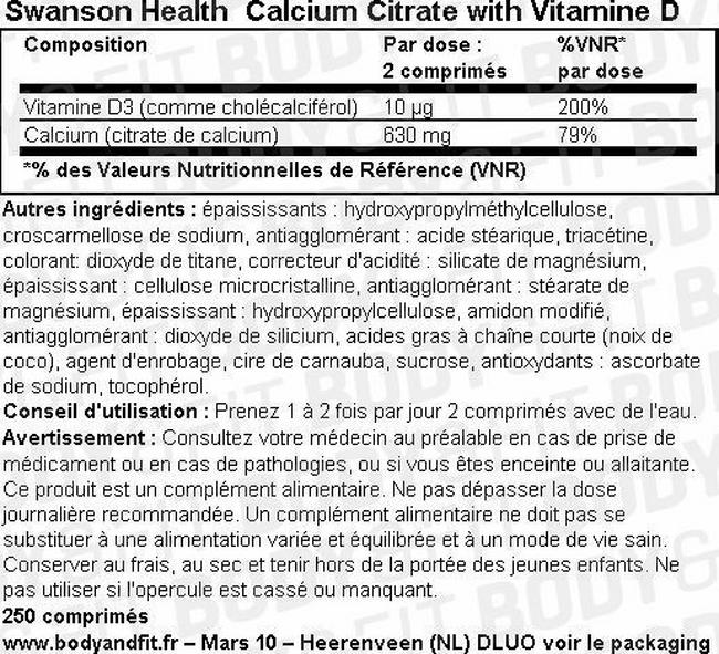 Comprimés Calcium Citrate with Vitamin D Nutritional Information 1