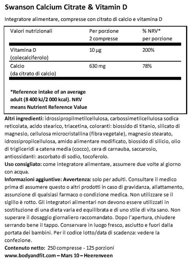 Calcio Citrato con Vitamina D Nutritional Information 1