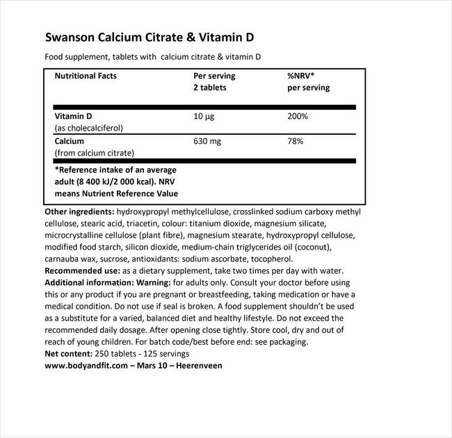 カルシウムシトレート＆ビタミンD Nutritional Information 1