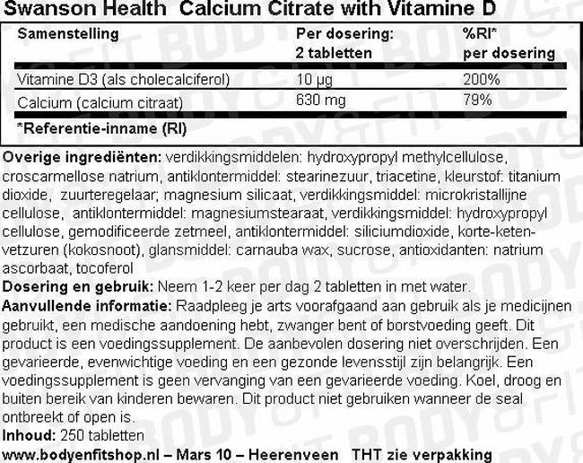 Calcium Citrate with Vitamine D Nutritional Information 1