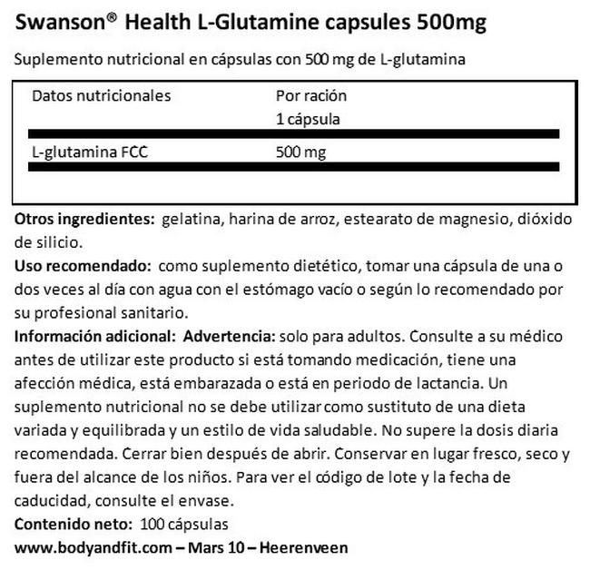 L- Glutamine capsules 500mg Nutritional Information 1