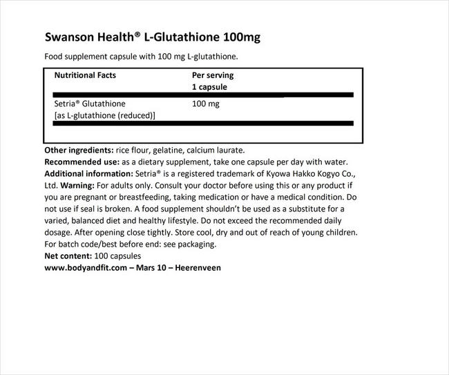 L-Glutathione 100mg Nutritional Information 1