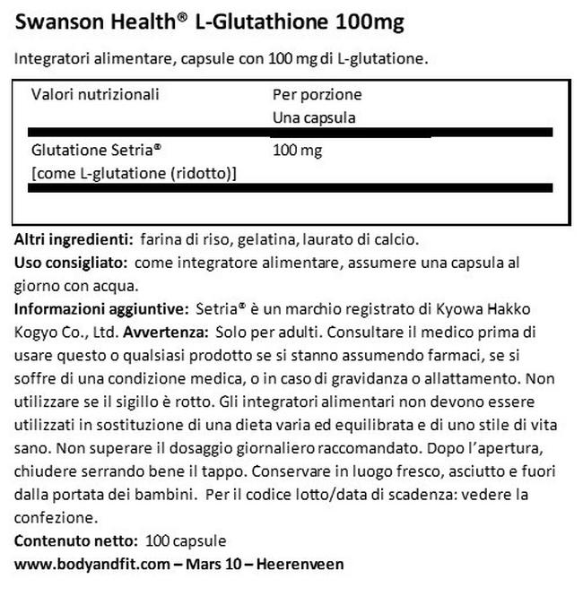 L-glutanione 100 mg Nutritional Information 1