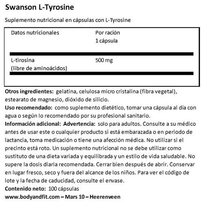 L-Tyrosine 500 mg Nutritional Information 1