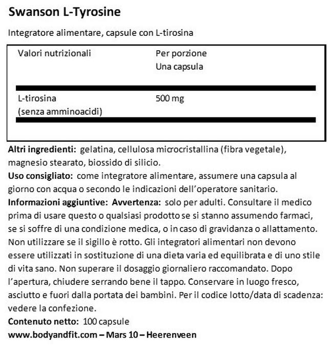 L-Tyrosine 500 mg Nutritional Information 1
