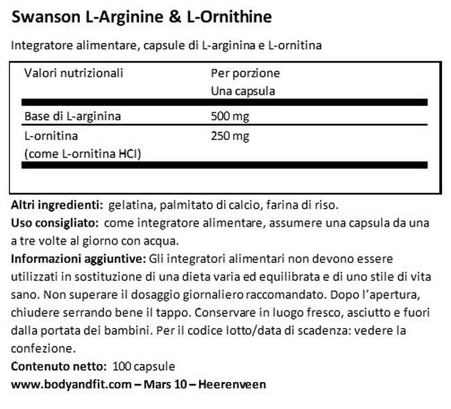 L-Arginine & L-Ornithine Nutritional Information 1