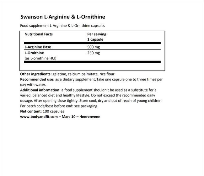 L-アルギニン&L-オルニチン Nutritional Information 1