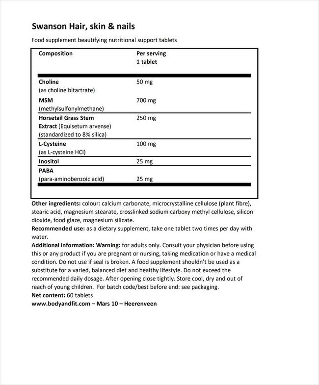 Swanson Hair, Skin & Nails Tabs - 60 tabs Nutritional Information 1