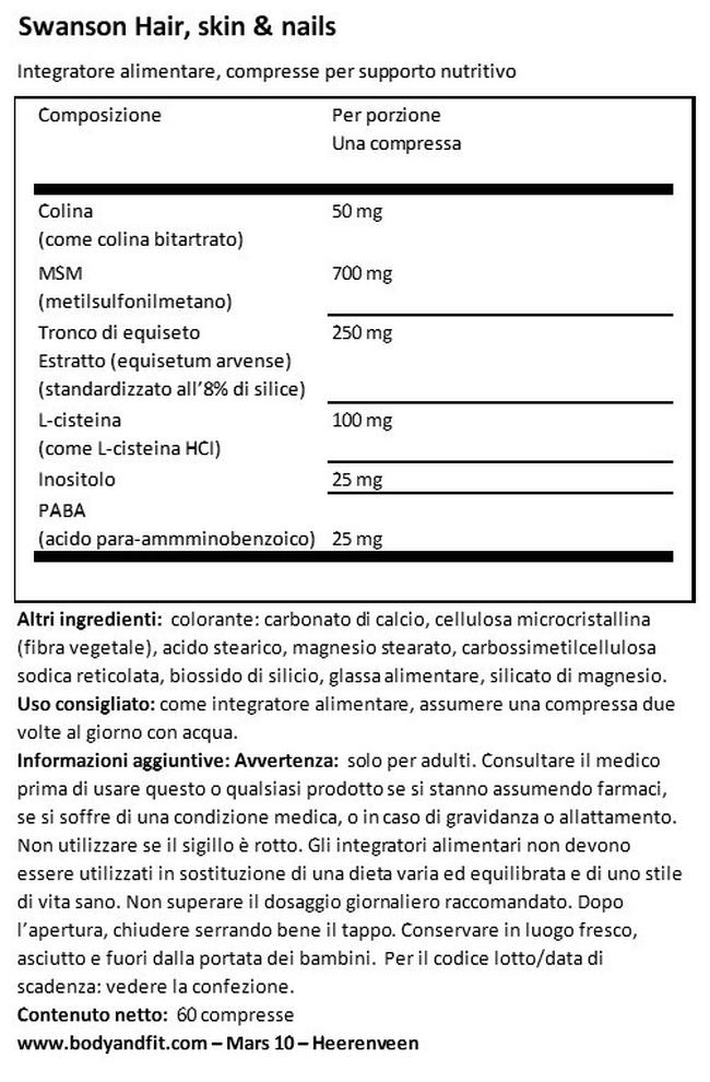 Hair, Skin & Nails Tabs Nutritional Information 1