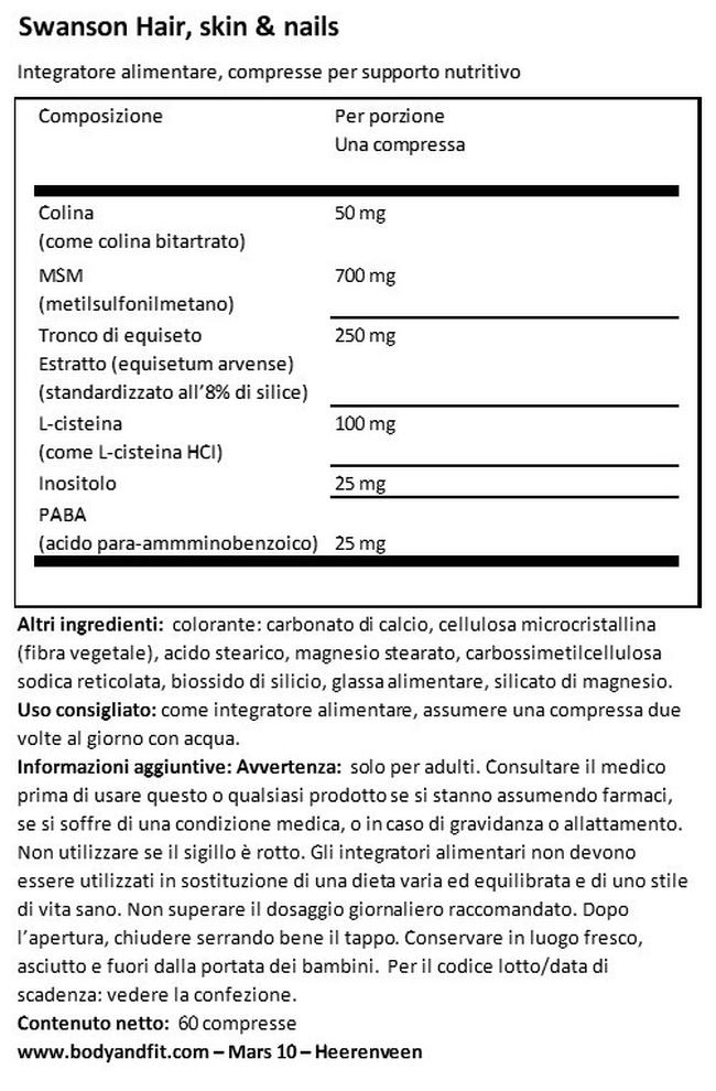 Capsule Capelli, Pelle e Unghie Nutritional Information 1