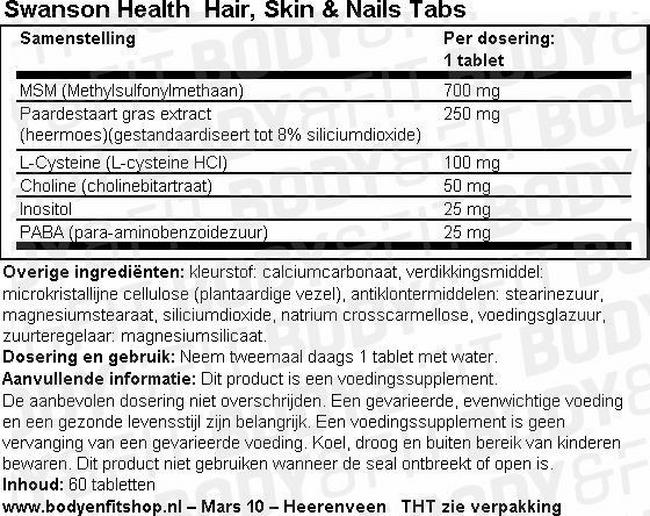 Swanson Hair, Skin & Nails Tabs - 60 tabs Nutritional Information 1