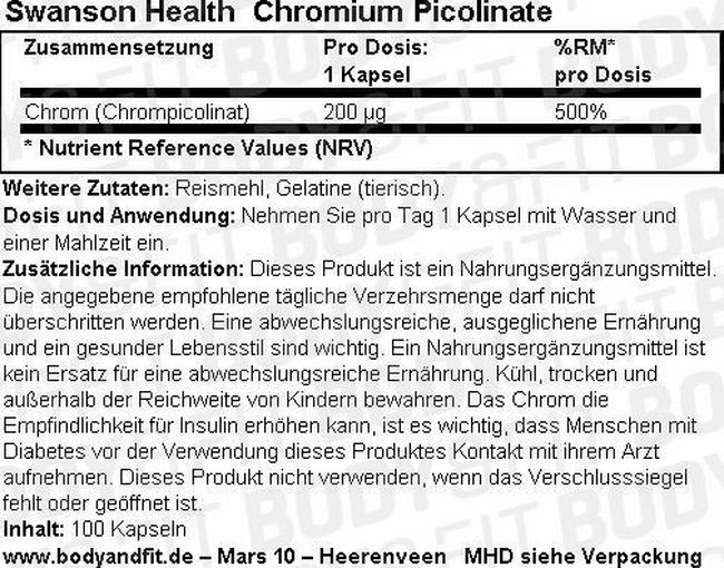 Chromium Picolinat 200 mcg Nutritional Information 1