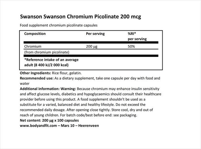 Chromium Picolinate 200mcg Nutritional Information 1