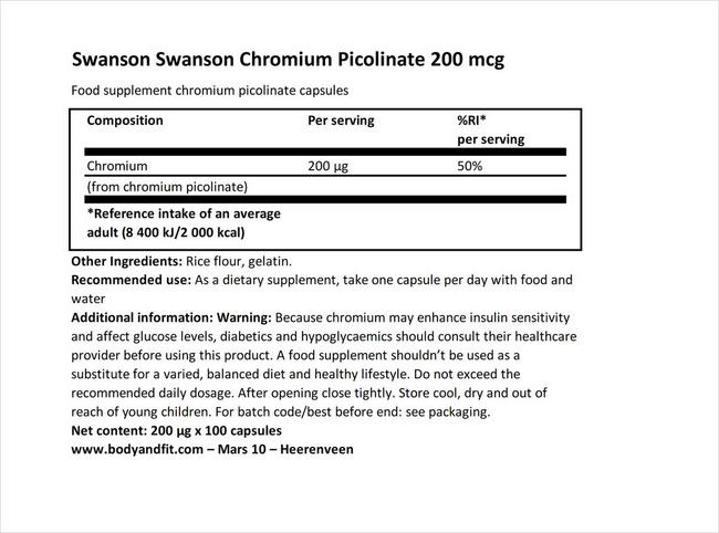Chromium Picolinate 200mcg Nutritional Information 1