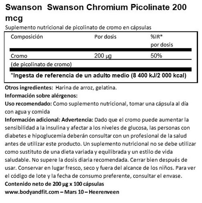 Chromium Picolinate 200 mcg Nutritional Information 1