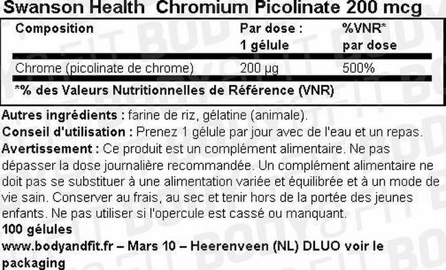Gélules de picolinate de chrome Chromium Picolinate 200 µg Nutritional Information 1