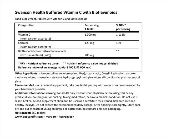 Buffered C W/Bioflavonoids 1000mg Nutritional Information 1