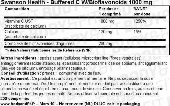 Comprimés de vitamine C Buffered C W/Bioflavonoids 1000 mg Nutritional Information 1
