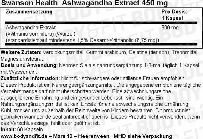 Ashwagandha 450 mg Nutritional Information 1