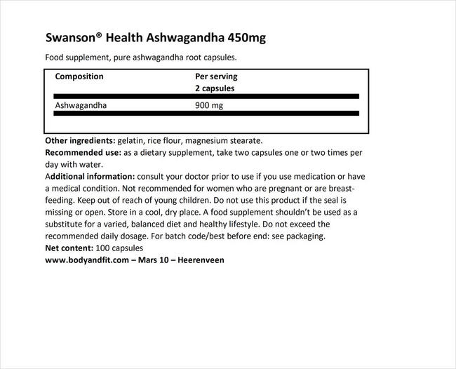 Ashwagandha 450mg Nutritional Information 1