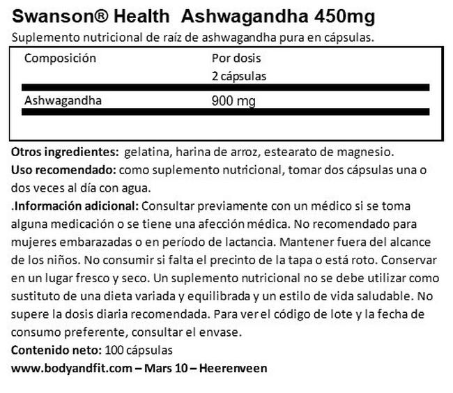 Ashwagandha 450 mg Nutritional Information 1