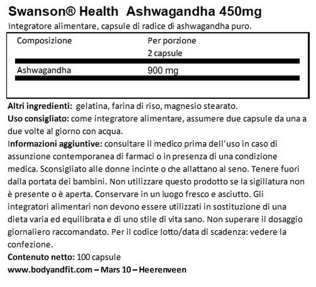 Ashwagandha 450mg Nutritional Information 1