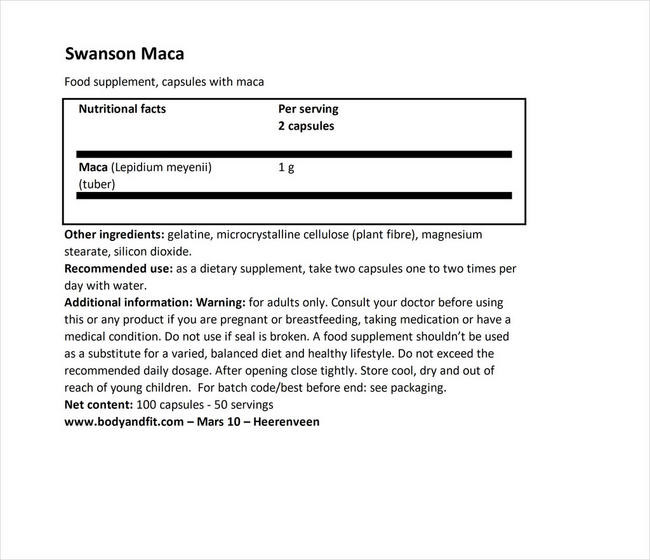 Full Spectrum Maca 500mg Nutritional Information 1