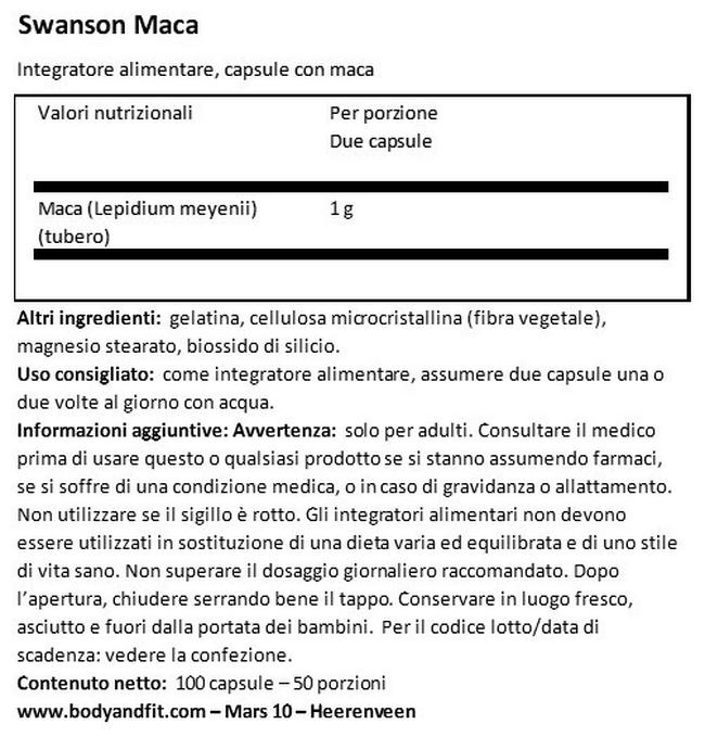 Capsule di Maca 500 Mg Nutritional Information 1