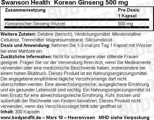 Korean Ginseng 500 mg Nutritional Information 1
