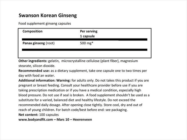 Korean Ginseng 500mg Nutritional Information 1