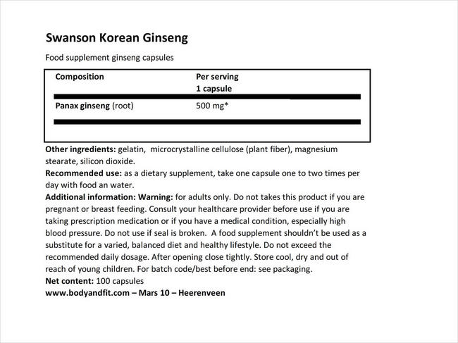 Ginseng Koreano 500 mg Nutritional Information 1