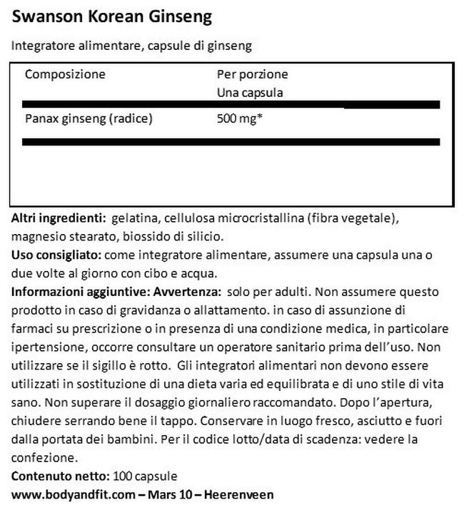 Ginseng Koreano 500 mg Nutritional Information 1