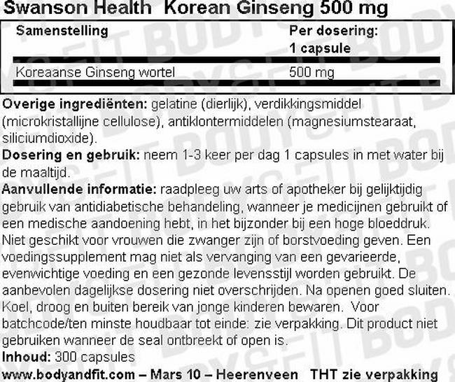 Korean Ginseng 500mg Nutritional Information 1