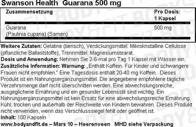 Guarana 500 mg Nutritional Information 1