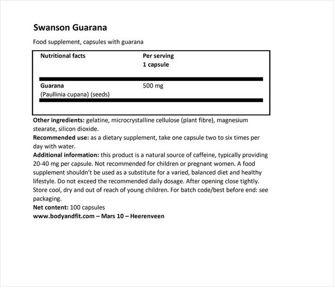 Guarana 500mg Nutritional Information 1