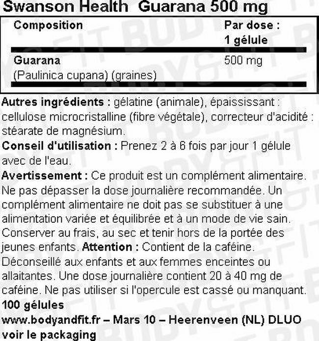 Gélules Guarana 500 mg Nutritional Information 1