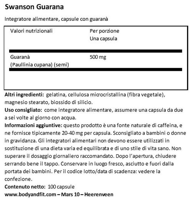 Guaranà 500 mg Nutritional Information 1
