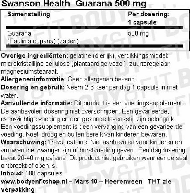 Gélules Guarana 500 mg Nutritional Information 1
