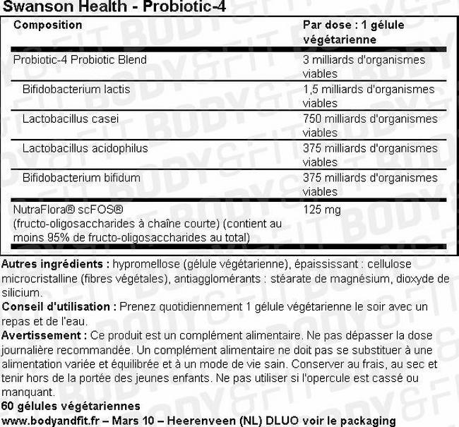 Gélules Probiotics Probiotic-4 Nutritional Information 1