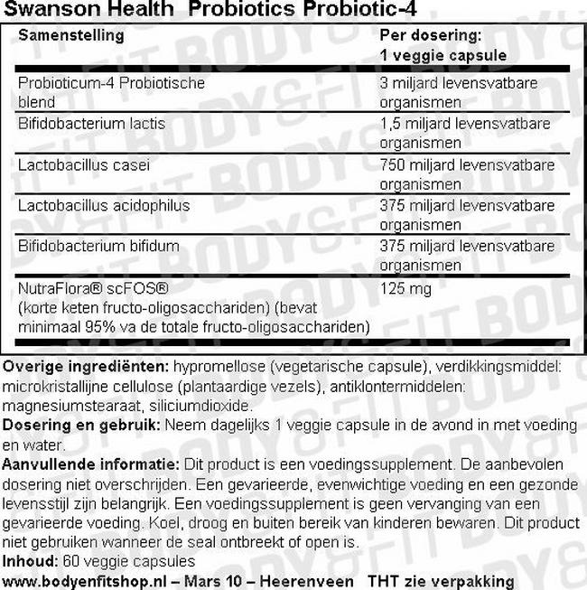 Gélules Probiotics Probiotic-4 Nutritional Information 1