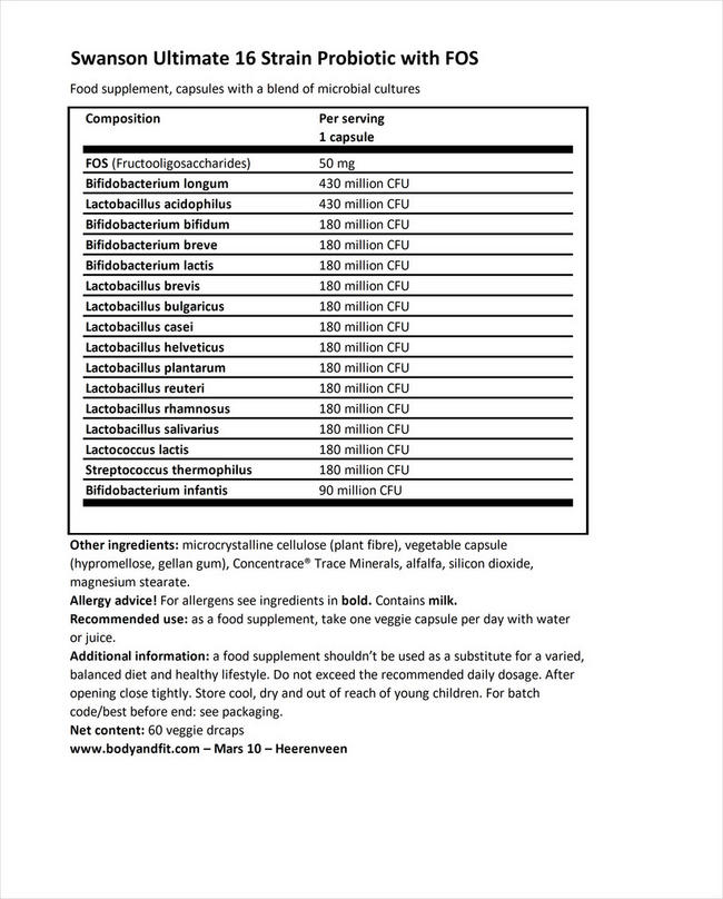 プロバイオティク アルティメット 16ストレイン プロバイオティク Nutritional Information 1